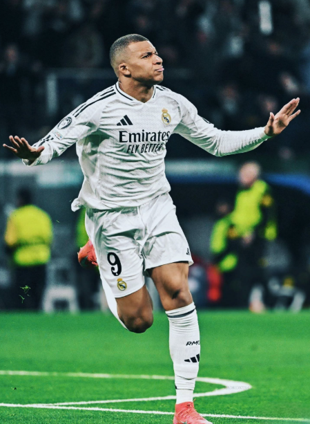 Kylian Mbappé celebrating his strike at the Santiago Bernabéu.