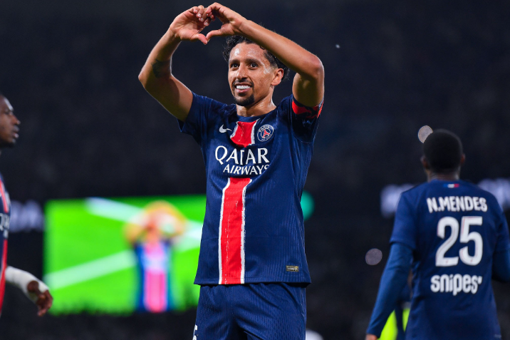 Marquinhos opening the scoring for PSG against Monaco.
