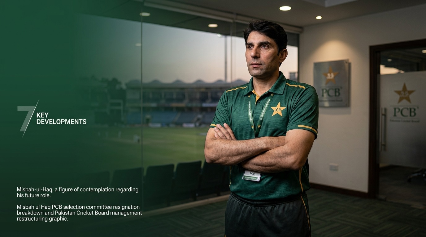 Misbah ul Haq PCB selection committee resignation breakdown and Pakistan Cricket Board management restructuring graphic.