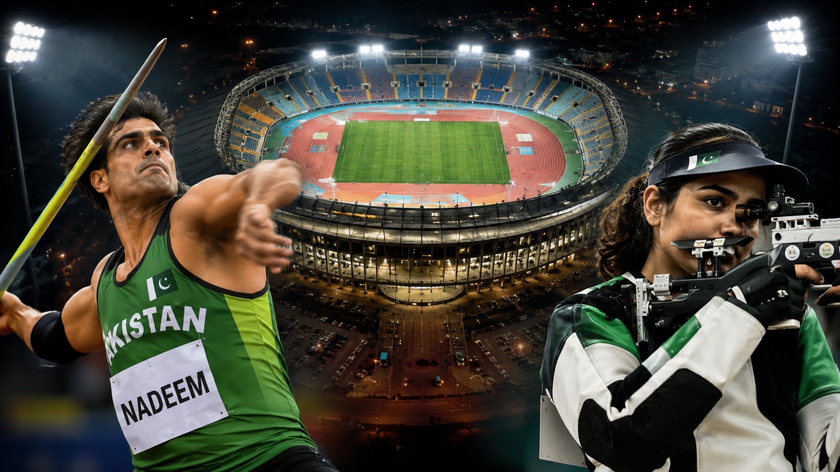 Pakistan Asian Games medal prospects showing javelin thrower and target shooter preparing for international competition.