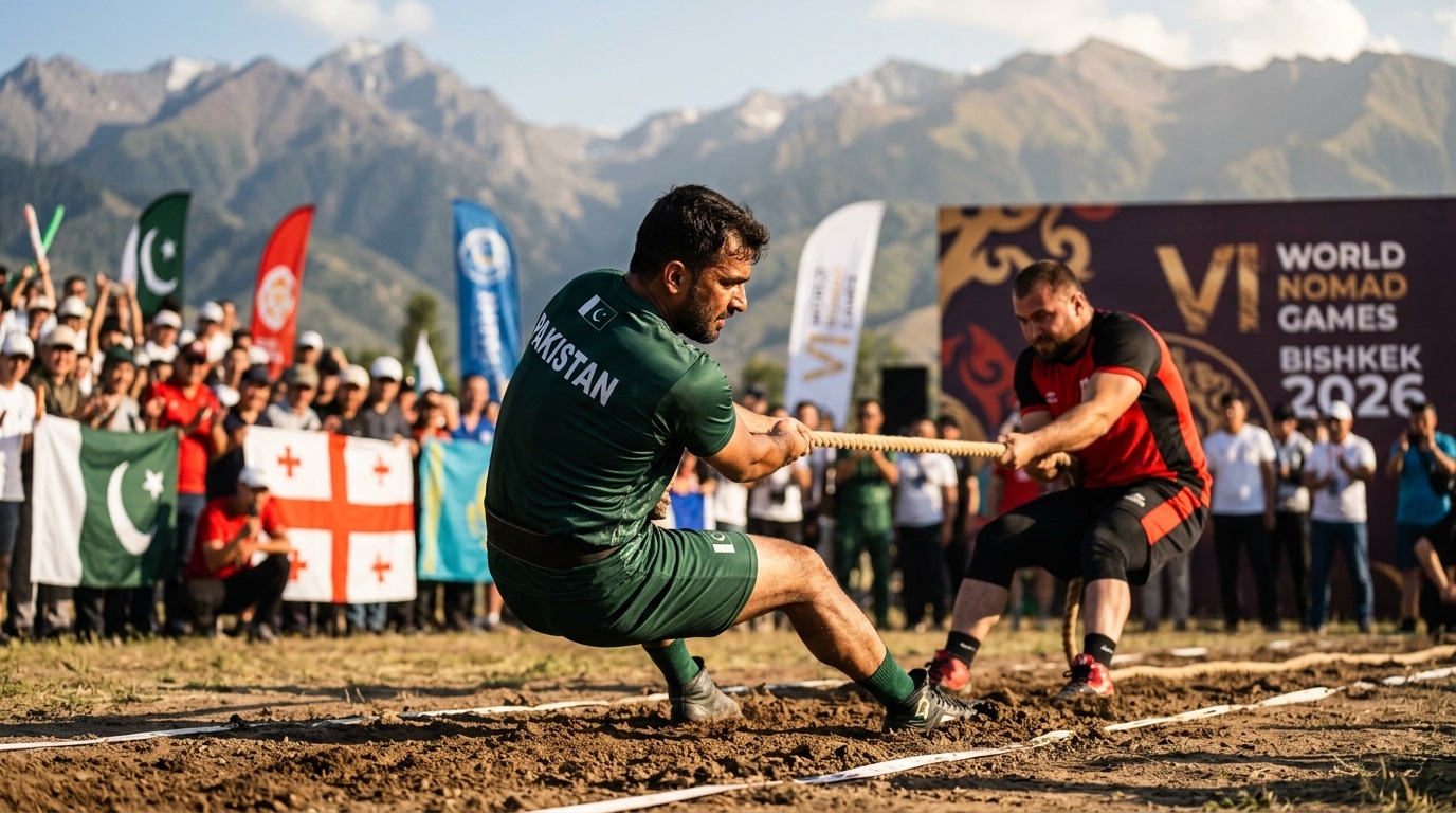 Pakistan win four bronze medals featured photo showing intense mas wrestling competition at international nomad games.