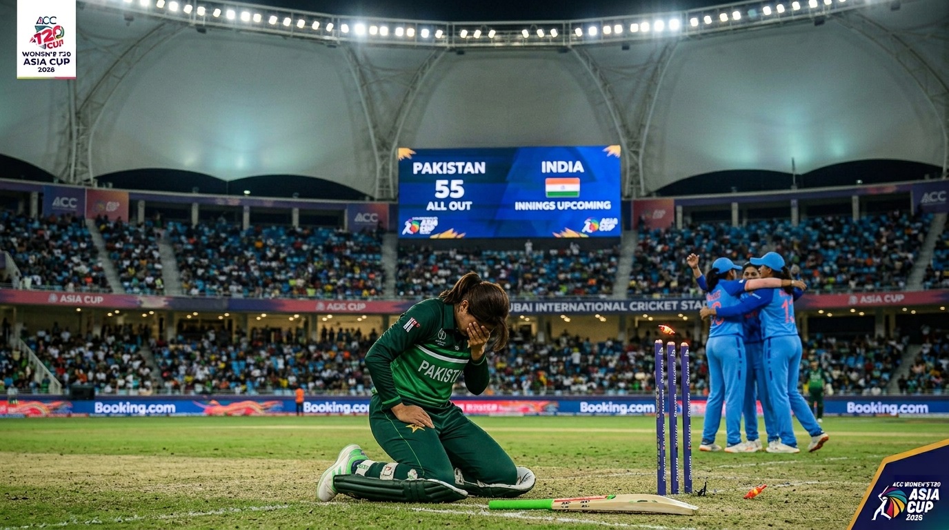 Pakistan women team batting during their record lowest total in womens T20Is at Dubai International Cricket Stadium.