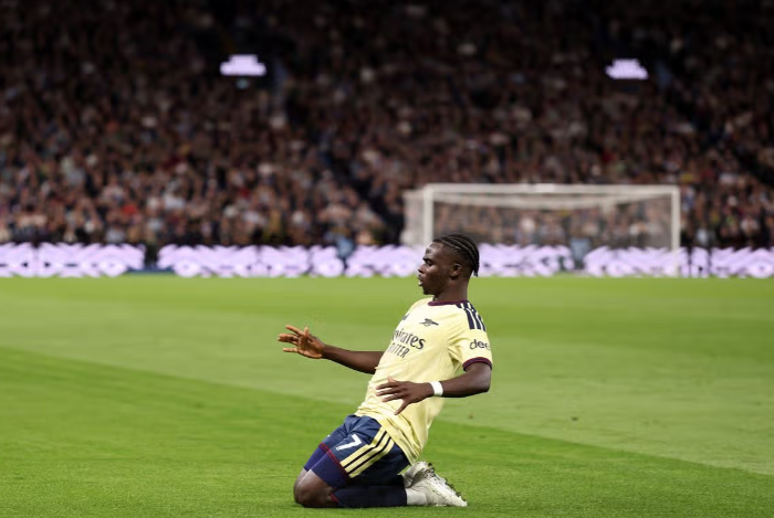 Saka celebrates his decisive 59th-minute strike.