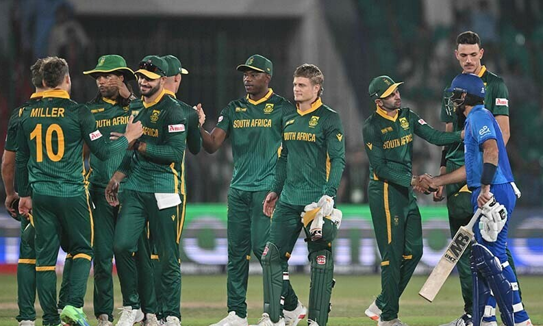 South African players celebrate during their comprehensive victory over Namibia.