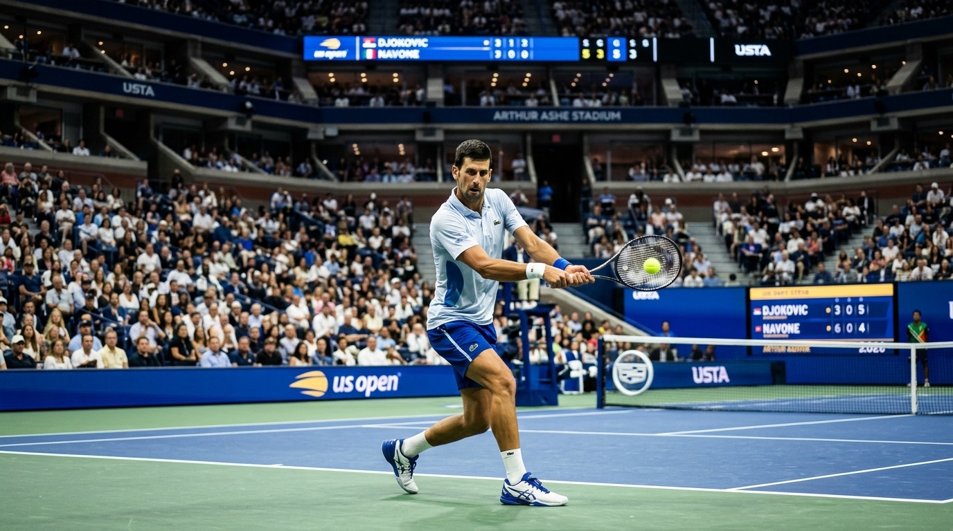Novak Djokovic hitting a forehand at Arthur Ashe Stadium during US Open tennis results match