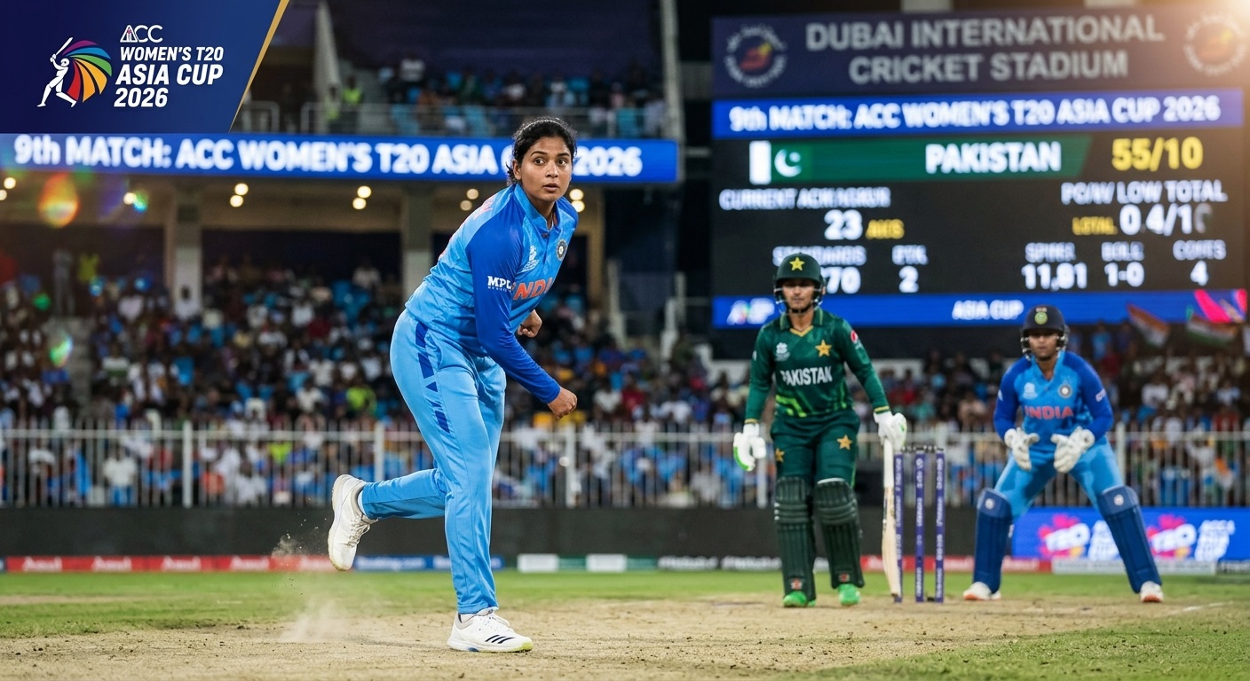 Indian bowler Shree Charani delivers a spin ball during the Women's T20 Asia Cup 2026 match against Pakistan in Dubai.