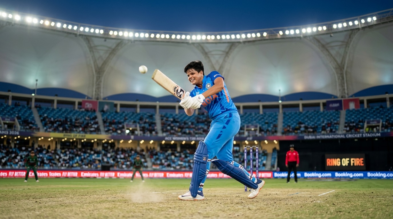 Shafali Verma plays an aggressive shot during India's victory in the Women's T20 Asia Cup semi-final against Bangladesh.